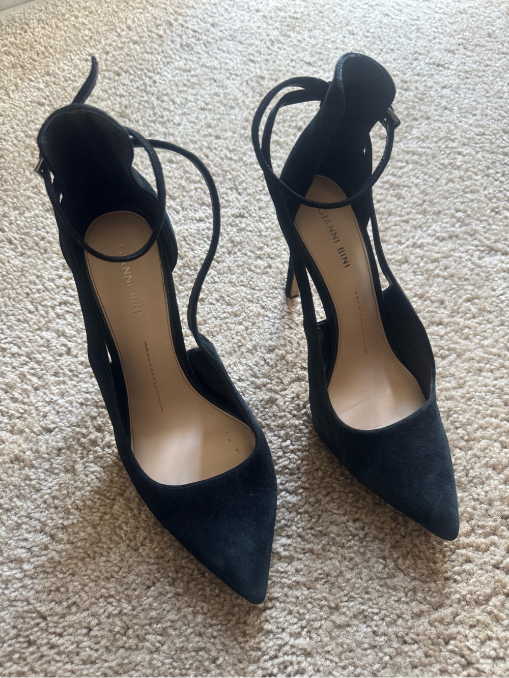 Gianni Bini Black Suede Pointed-Toe Ankle-Strap Heels